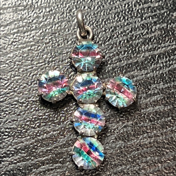 Antique Czech Colorful Iris Glass Sterling Cross Pendant Charm 1920s - Picture 3 of 5